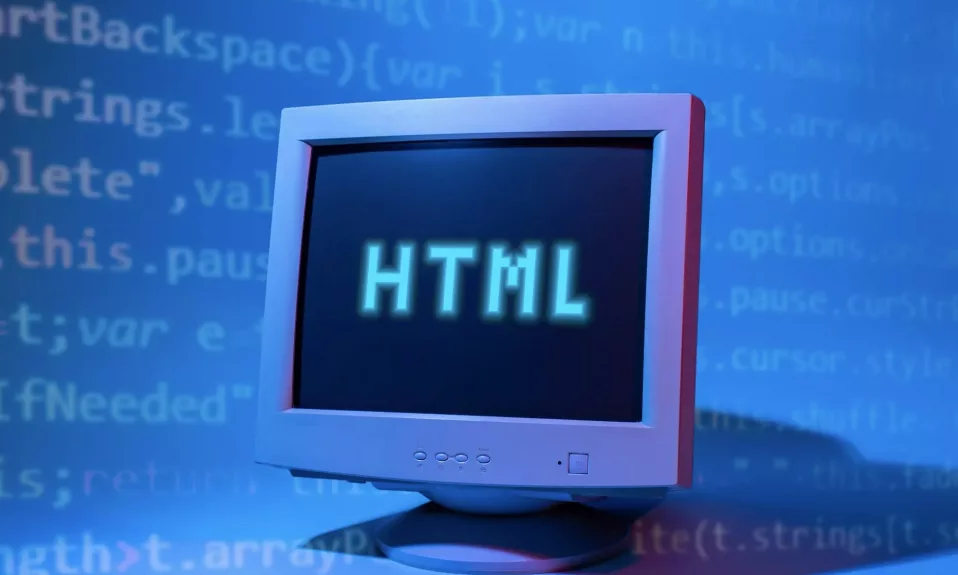 Vintage monitor displaying HTML code.